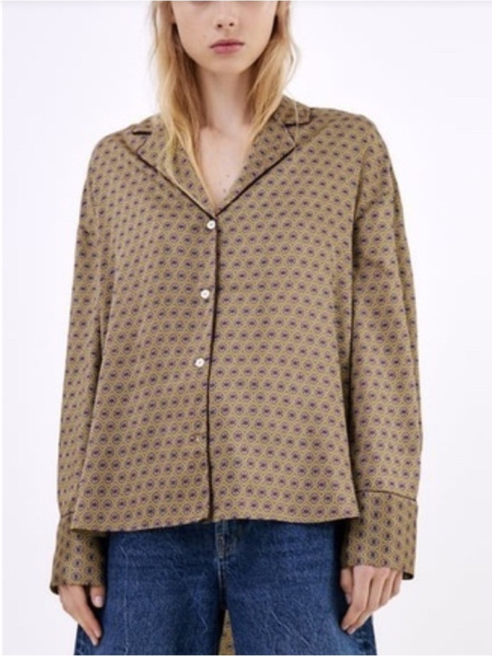 Zara Brown Geometric Printed Pajama-Style Blouse